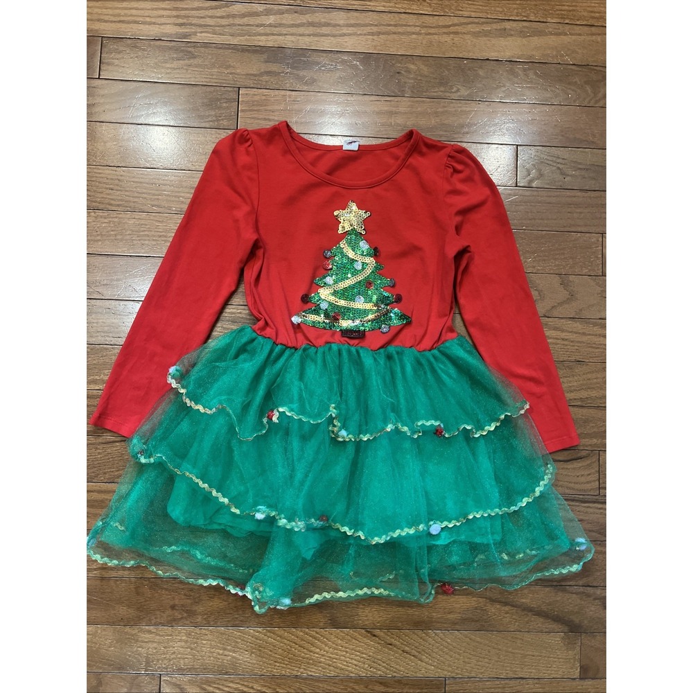 Girls Christmas Tree Sequin Tulle Dress Red Green Holiday Size 6